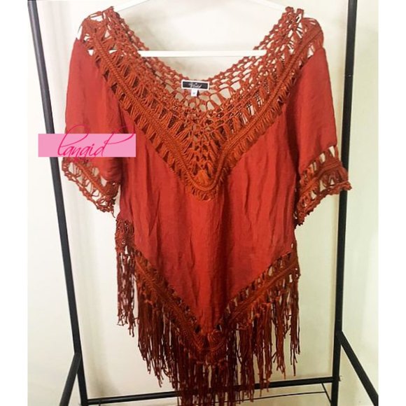 Vivid Importers Fringe Cover-Up Tunic Rust Off-The-Shoulder Crochet Cut-Outs M - Picture 5 of 9